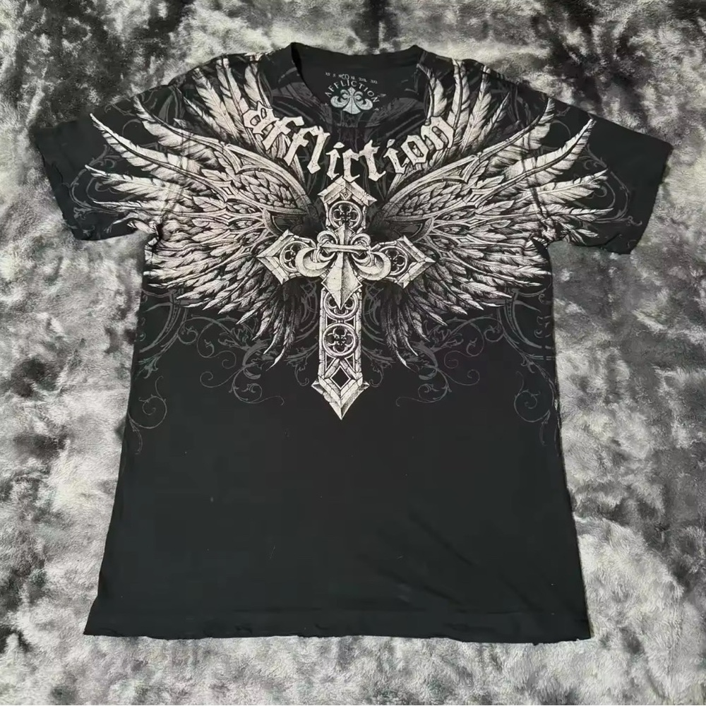 Affliction Black Short Sleeve Tee with Bold Cross Design